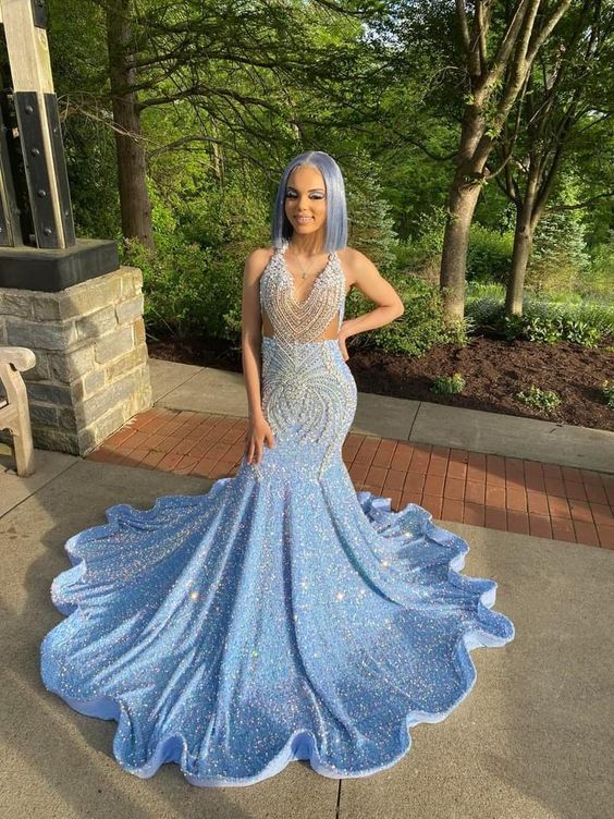 18 Birthday Outfit Evening Dress Custom Made Black Girl Mermaid Blue Prom Gowns,DS4512