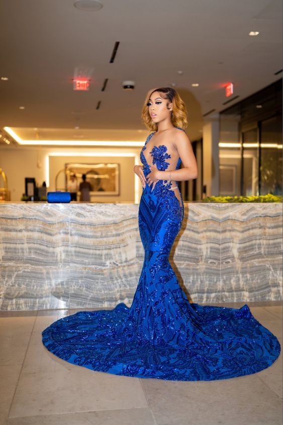 Royal Blue Mermaid Long Prom Dress With Train Sexy Evening Dress ,DS5018