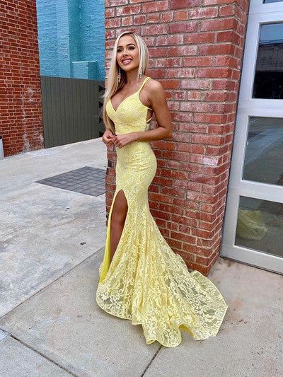 Two Piece Lace Mermaid Light Yellow Peach Long Sexy Sleeveless Prom Dresses,WD5767