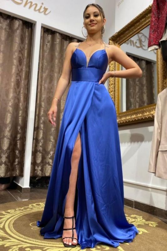 Spaghetti Straps Royal Blue Prom Dress Sweetheart Evening Party Dress with Side Slit,DS4019