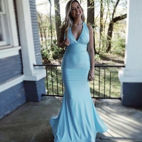 Light Sky Blue Mermaid Prom Dresses Halter Backless Sweep Train Tie Long Formal Evening Party Gowns,DS4049