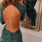 Glamorous High Neck Dark Green Long Sleeves Prom Dress Split With Sequins DS4642