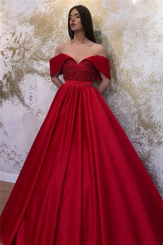 A-line Off-the-shoulder Ruffles Beaded Prom Dresses,DS2882