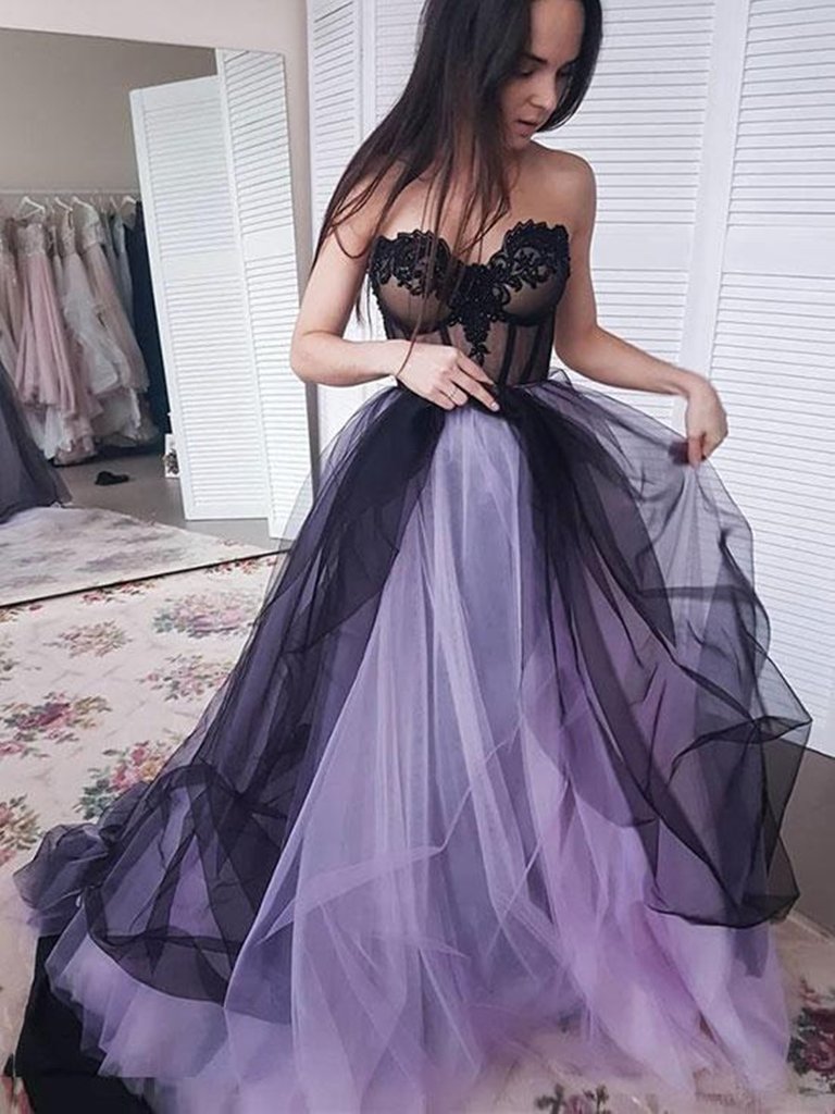 Custom Made Sweetheart Neck Black and Purple Tulle Prom Dresses, Black and Purple Formal Dresses,DS1820