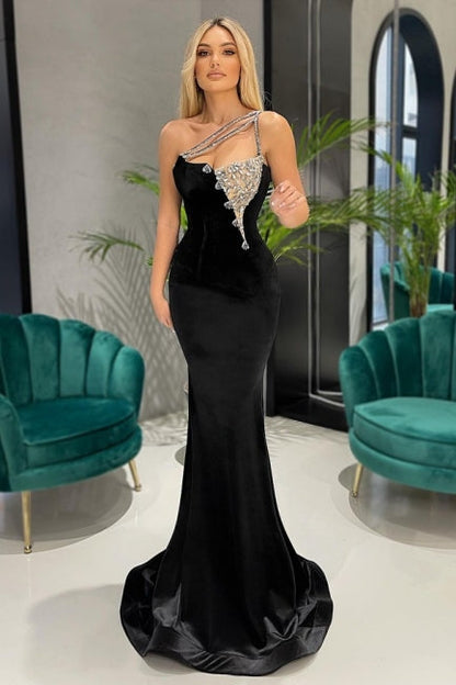 Elegant Black Long Velvet Prom Dresses with Glitter,F04819