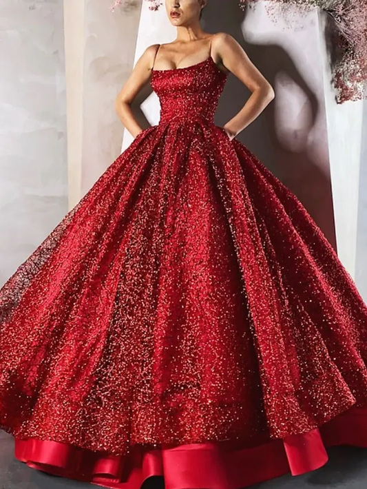 Ball Gown Luxurious Sparkle Engagement Formal Evening Valentine's Day Dress Spaghetti Strap Sleeveless Floor Length Satin with Sequin Tier,DS4368