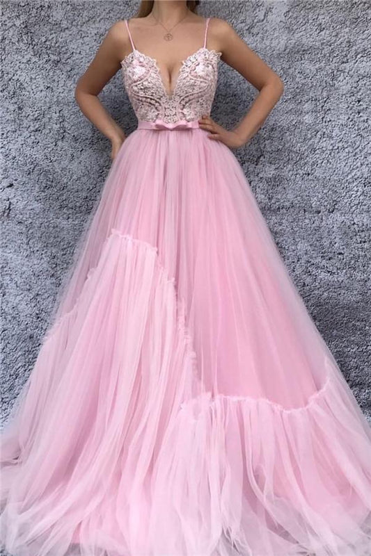 CHIC SPAGHETTI STRAPS V-NECK PINK PROM PARTY GOWNS| CHIC LACE BODICE LONG PROM PARTY GOWNS WITH SASH,DS3546