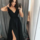 Custom Made A Line V Neck Black Prom Dresses with Leg Slit, Black V Neck Evening Dresses, Formal Dresses,DS1831