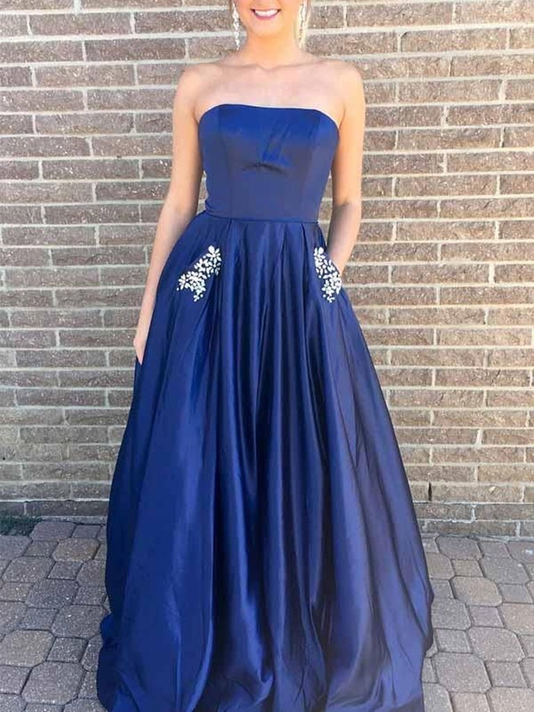 A-Line Strapless Hunter Green/Blue Prom Dress with Beading Pockets, Green/Blue Formal Dresses,DS1882