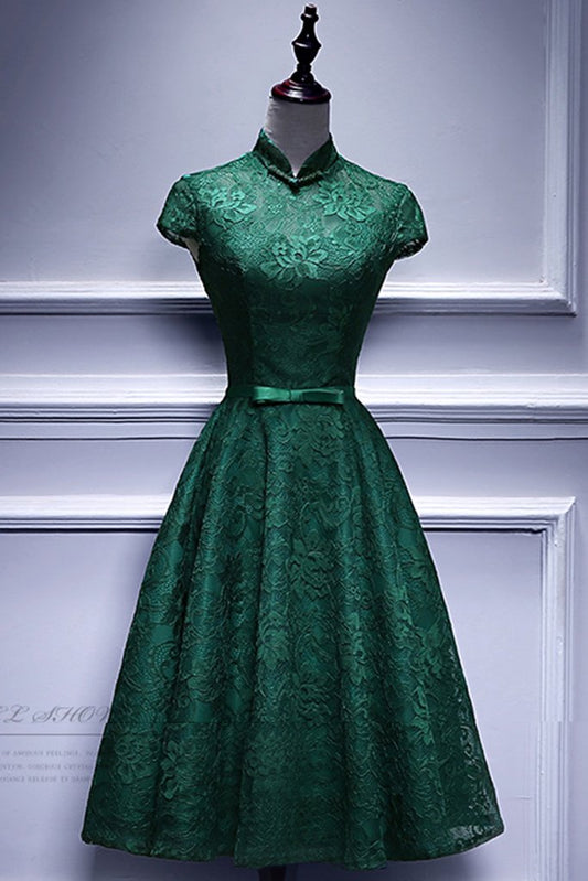 Deep Green Lace Cap Sleeve Mid Length High Collar Prom Dress, Party Dress,DS1029