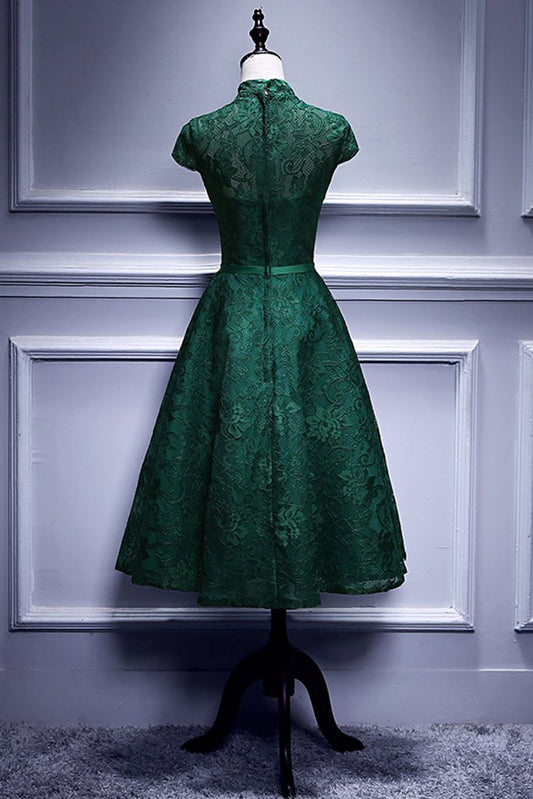 Deep Green Lace Cap Sleeve Mid Length High Collar Prom Dress, Party Dress,DS1029