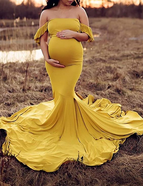Off Shoulder Ruffle Sleeves Elegant Fitted Maxi Maternity Dress for Photoshoot Baby Shower,DS0384