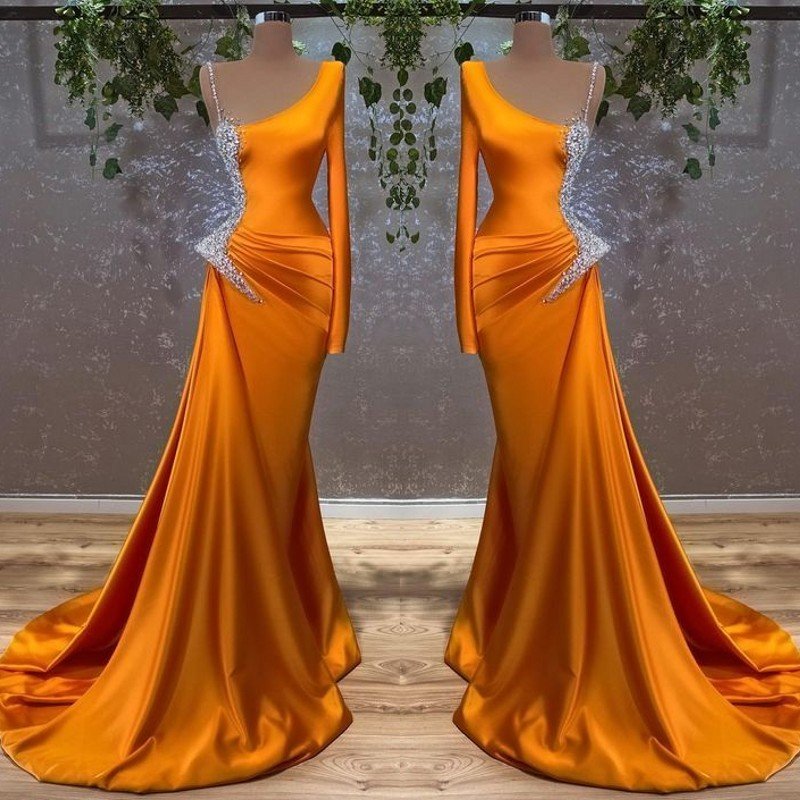 Modern Burnt Orange Long Sleeves Mermaid Prom Dress With Beads,DS4656