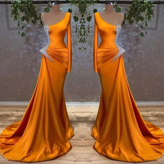 Modern Burnt Orange Long Sleeves Mermaid Prom Dress With Beads,F04770