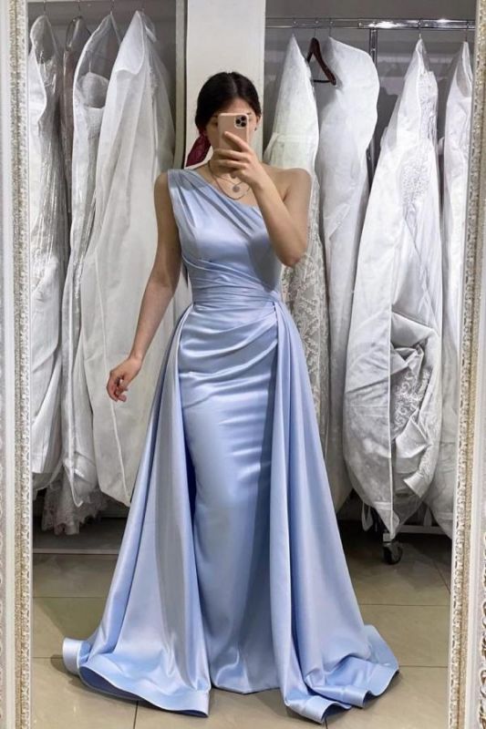 One Shoulder Satin Mermaid Prom Dress Ruffles Evening Dress with Detachable Train,DS4017