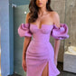 Modern Off-the-Shoulder Lavender Mermaid Prom Dress Split Long With Ruffle,DS4651