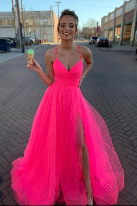 Modest Tulle V Neck Spaghetti Straps Pink Long Prom Dresses,DS4127