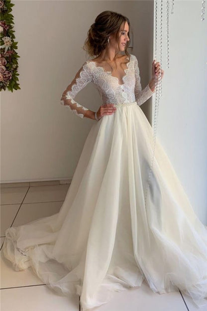 Lace A-line Floor-Length Long-Sleeves V-neck Wonderful Wedding Dresses,DS2890