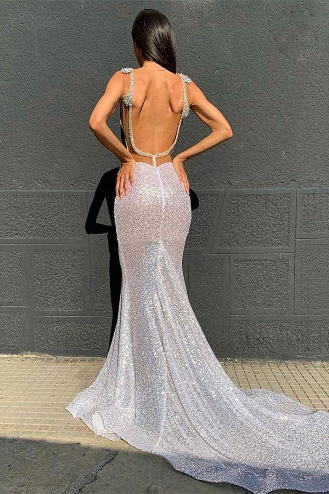 Chic Deep V-Neck Silver Sequins Prom Dress Mermaid Open Back,DS4675