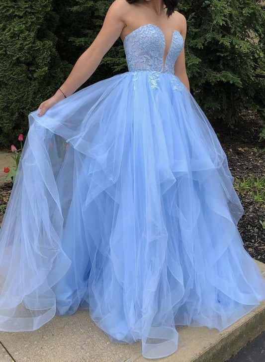 Blue strapless tulle lace long ball gown dress,DS3213
