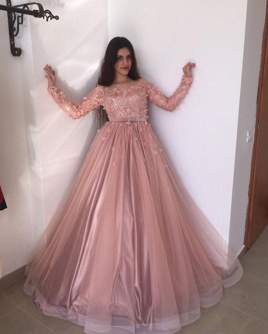 LONG SLEEVESS FLORAL BLOW DUSTY PINK BALL GOWN TULLE PROM DRESSES,DS3534