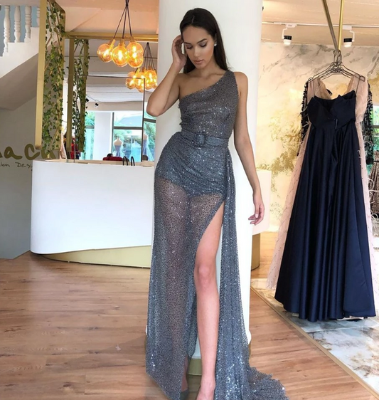 Sparkly Sequin Tulle One Shoulder Sexy High Slit Prom Dresses , Prom outfits ,DS3989
