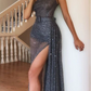 Sparkly Sequin Tulle One Shoulder Sexy High Slit Prom Dresses , Prom outfits ,DS3989