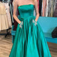 A-Line Strapless Hunter Green/Blue Prom Dress with Beading Pockets, Green/Blue Formal Dresses,DS1882