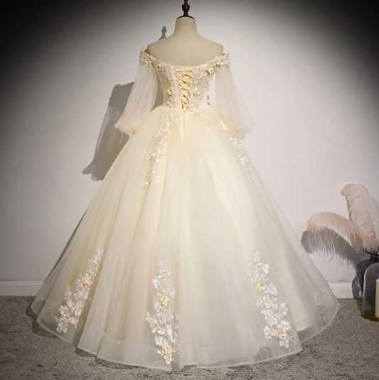 Beautiful Ivory Tulle Long Sleeves Floral Sweet 16 Gown, Party Gowns prom dress,DS4460