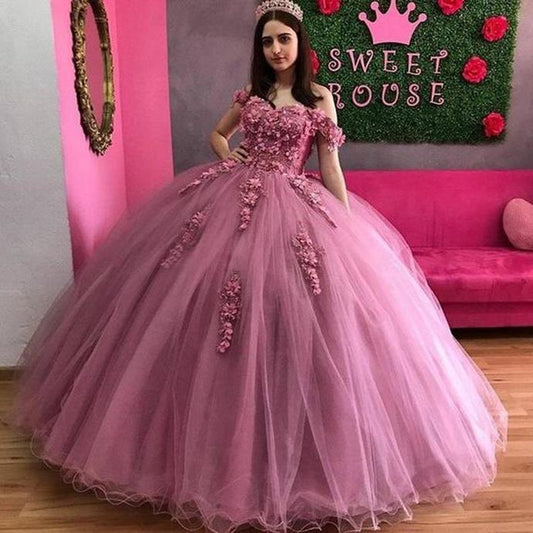 prom dresses 2022 off the shoulder sweetheart neckline hand made flowers lace ball gown ,DS4611