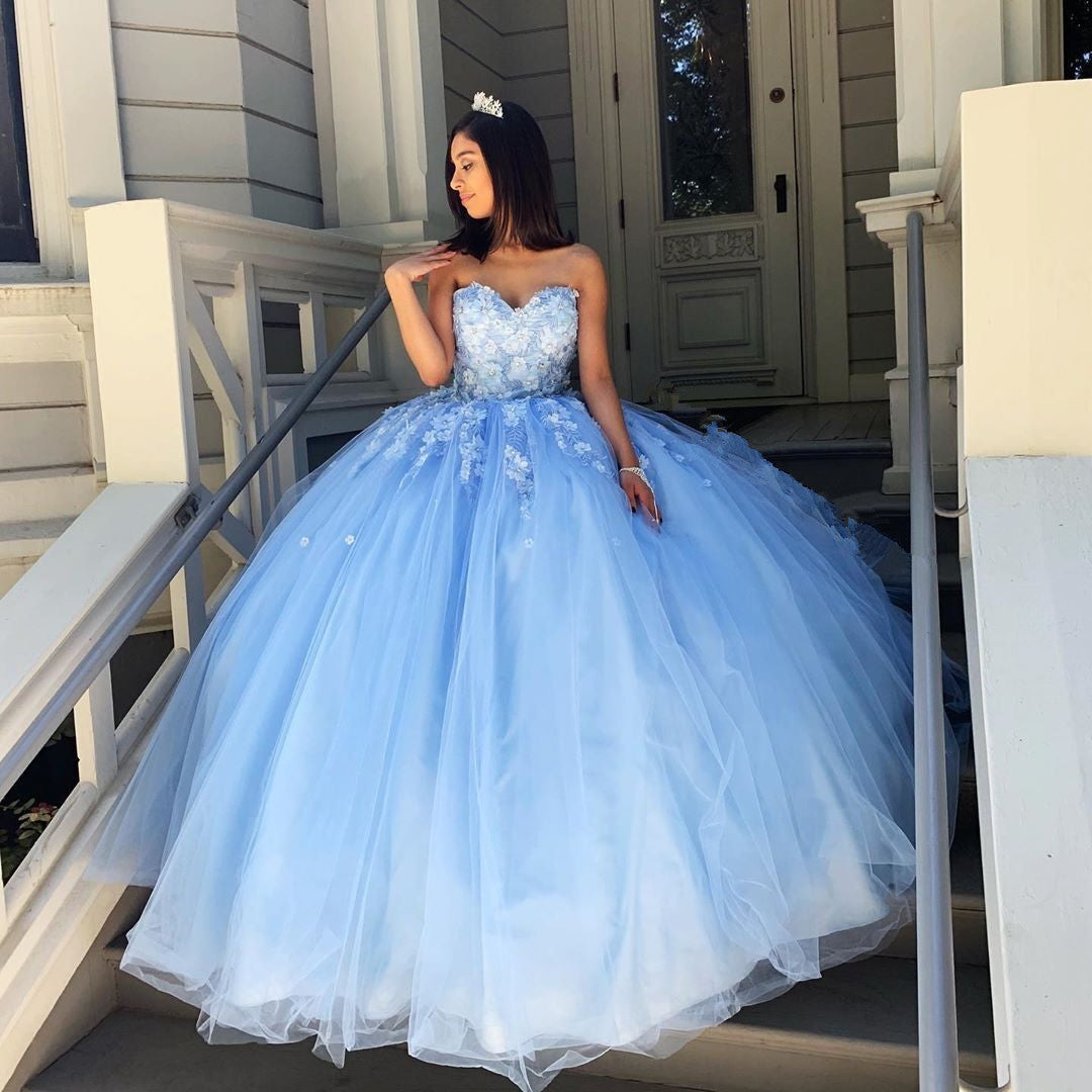 Princess Ball Gown Sweetheart Blue Prom/Evening Dresses with Appliques ,DS4484