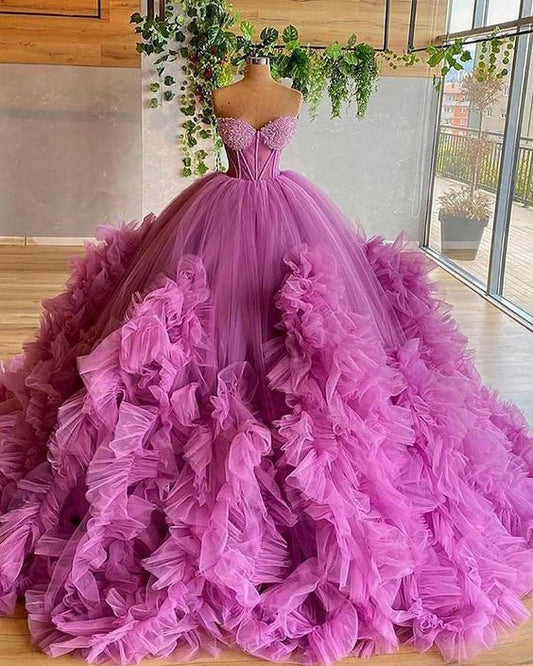 Sweetheart Purple Beading Bodice Tulle Ruffle Pleated Ball Gown Evening Dress prom gown,DS4482