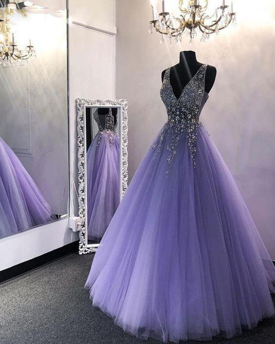Amazing V Neck Beading Lavender Ball Gown Puffy Girls Sweet Quinceanera Dresses Prom Gown,DS4453