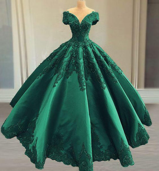 prom dresses Elegant green satin ball gown wedding dress lace embroidery beaded off the shoulder for bridal party  ,DS4619