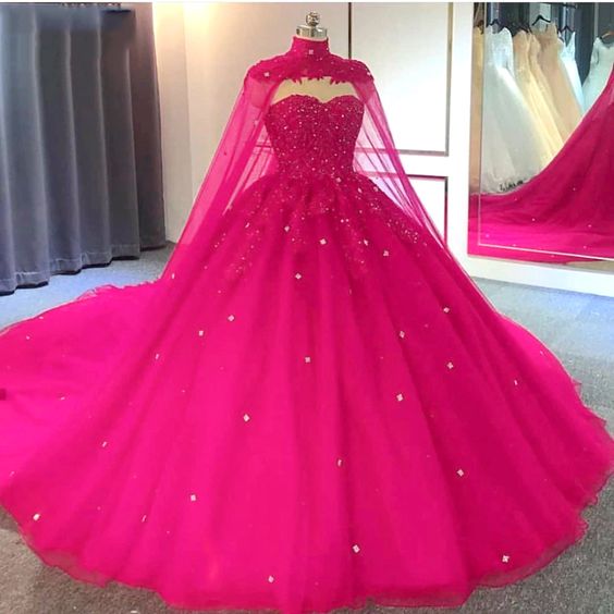 Hot Pink Detachable Cape Quinceanera Sweet 16 Ball Gown Prom Dress,DS4416