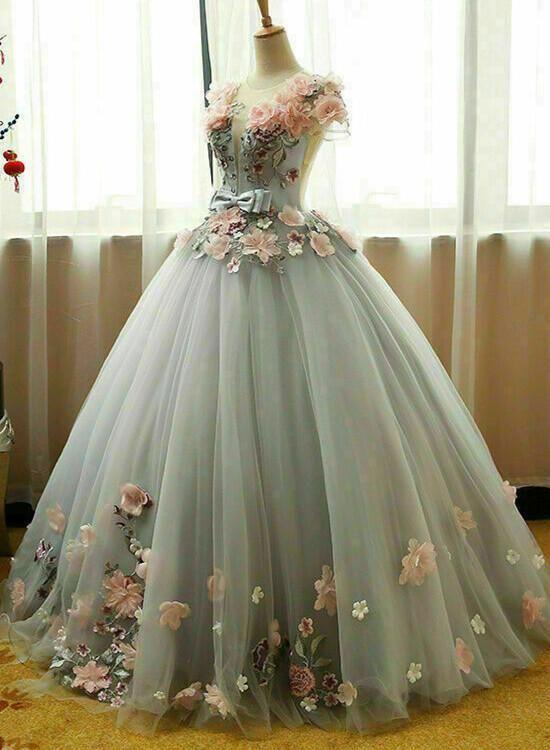 Grey Ball Gown 3D Flowers Princess Party Gown, Sweet 16 Formal prom Dress ,DS4456