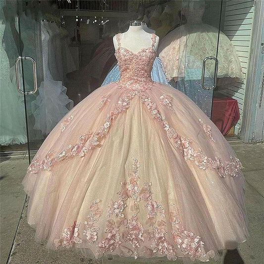 Pink Sparkly Quinceanera Prom Dresses Lace Flower Sweet 16 Tulle Party Ball Gown ,DS4394