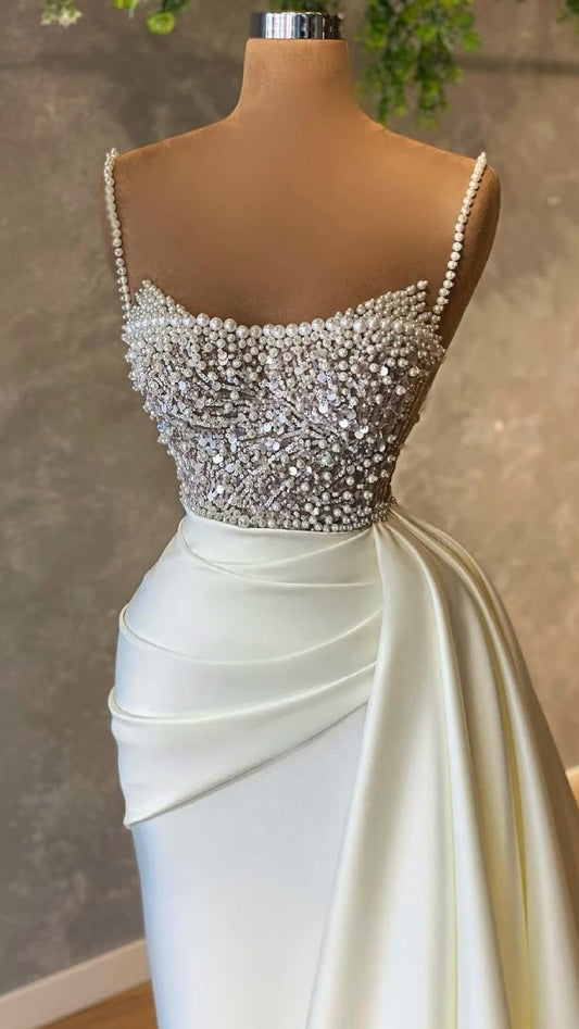 White dress with pearl Prom Dresses Formal Evening Dresses ,DS4129