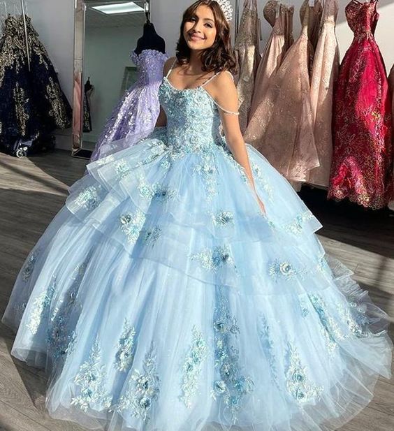 2022 Plus Size Sky Blue Lace Quinceanera Dresses Spaghetti Beaded Ball Gown Tulle Pageant Evening Prom Gowns ,DS4615