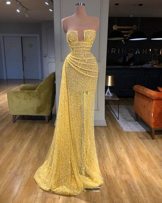 yellow evening dresses long high neck sparkly feather luxury bling evening gown formal dress Long Prom Dress ,DS5032