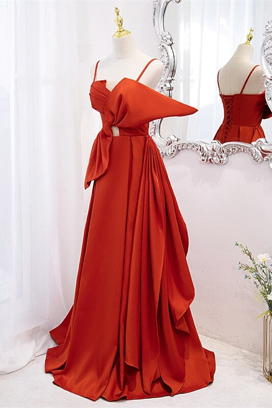Orange Spaghetti Straps Knotted Satin A-line Long Dress,DS3476