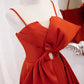 Orange Spaghetti Straps Knotted Satin A-line Long Dress,DS3476