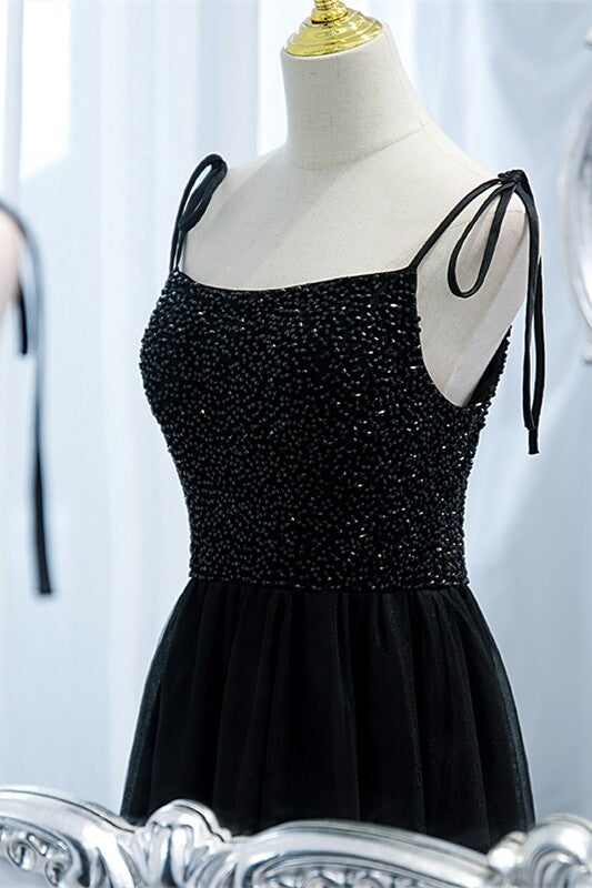 Black A-line Beaded Tulle Long Formal Dress,DS3475