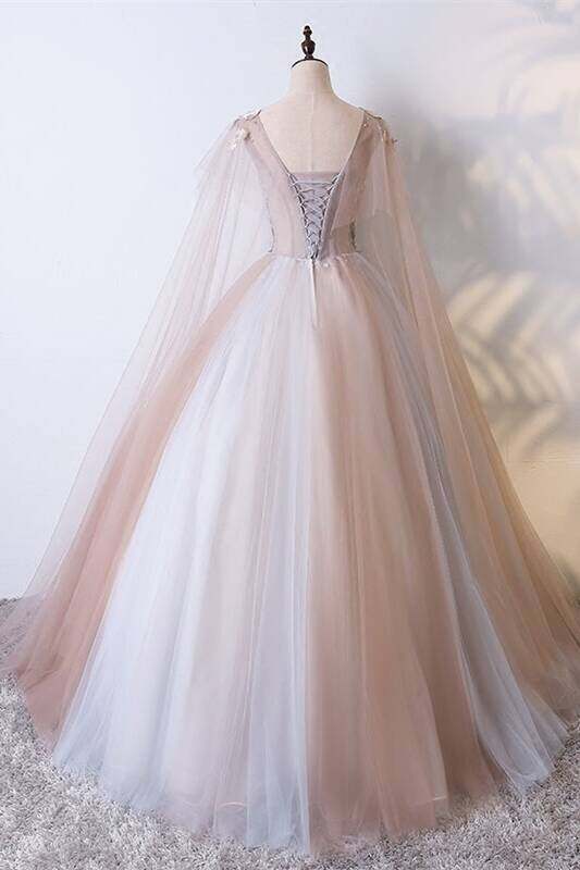 Champagne A-line Tulle Long Ball Gown with Shawl,DS4377