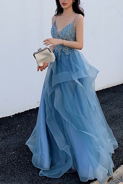 A-line Blue Lace Appliques Long Prom Dress,DS3488