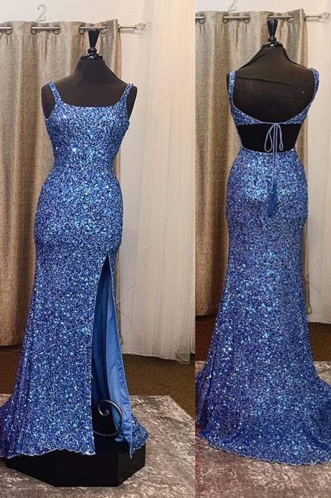 Mermaid Blue Sequins Square Neck Long Prom Dress,DS3468