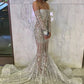 Long Sleeve Off The Shoulder Silver Black Girl Prom Dresses Mermaid Sexy Illusion Beads Crystals Evening Gowns Cheap,DS4575