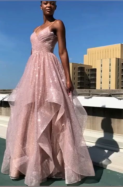 Ruffled rose gold long prom dress with pleated,DS4423