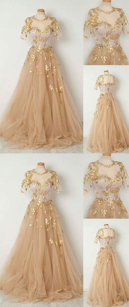 Champagne tulle long prom dress, evening dresses,DS4115