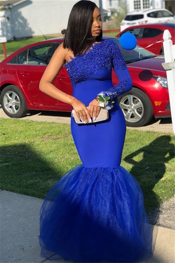 Royal Blue One Shoulder Mermaid Prom Dress With Lace Appliques,DS5016